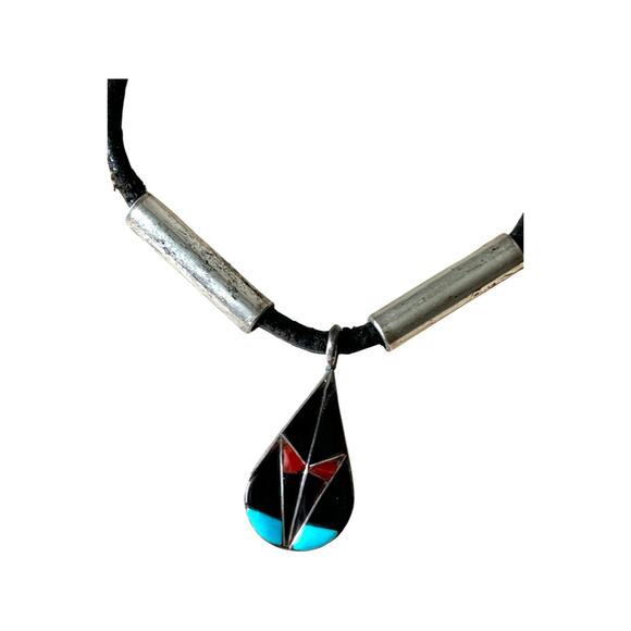 Sterling Onyx Turquoise Coral Native American Bracelet, Vintage Zuni Signed - Picture 3 of 7